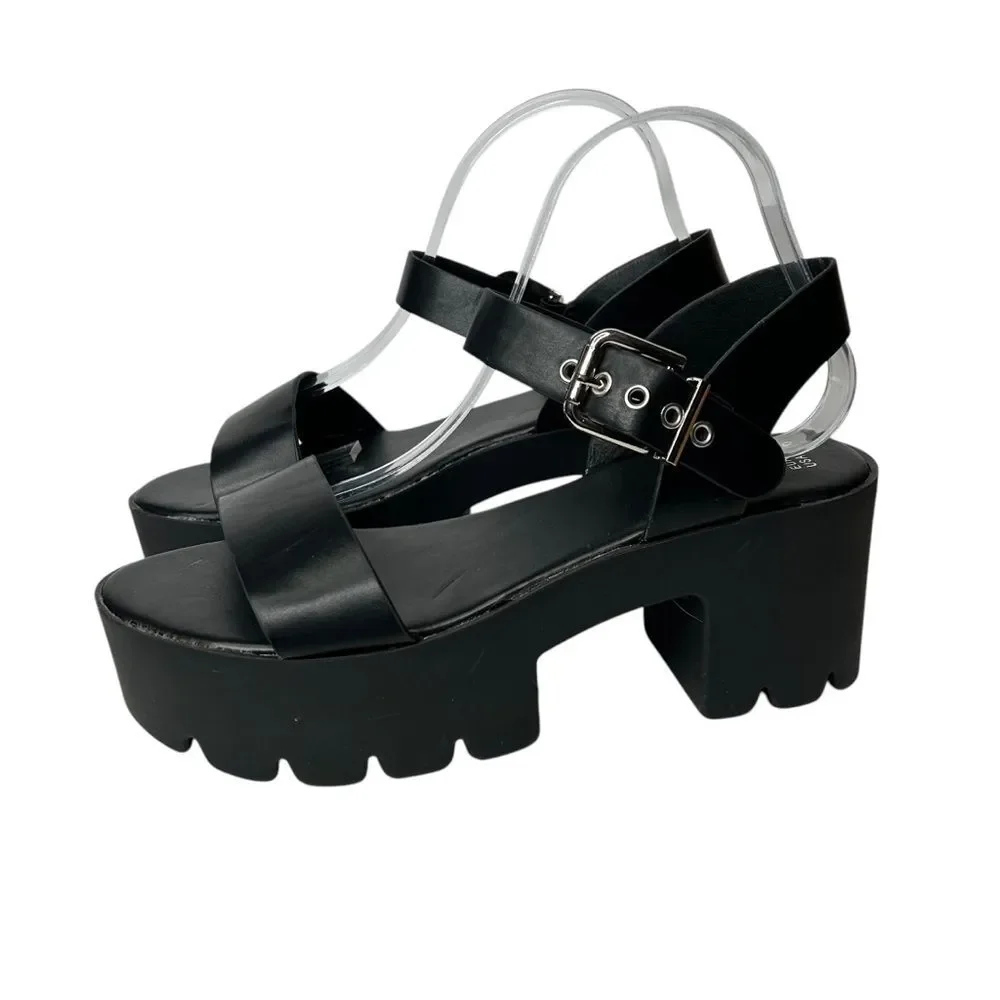 New Faux Leather Chunky Black Platform Sandals 11 Ankle Straps